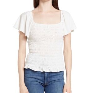 Nordstrom 1.State Flutter Sleeve‎ Smocked Top White Size Large Ruched Minimalist